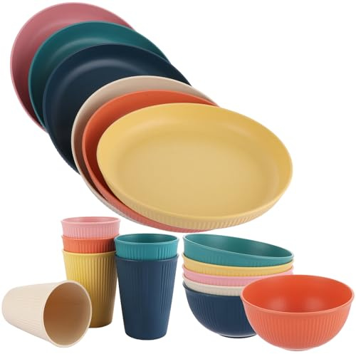 LOPYXBR 18 PCS Plastic Plates and Bowls Sets, Camping Plates and Bowls Set, Unbreakable Dinner Set for 6, Lightweight Dinnerware Sets for Camping, Picnic, Party, Microwave and Dishwasher Safe