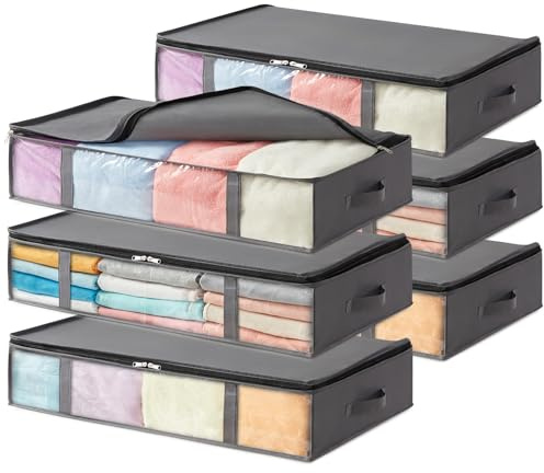 Lifewit Contenitori Sottoletto, Scatole Vestiti con Finestra Frontale Trasparente, Organizer per Armadi e Contenitori per Asciugamani, Vestiti, Coperte, Grigio, 65 L, 6 Pezzi