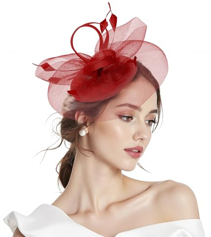 Zando Red Fascinators for Women, Red Fascinator for Weddings, 2-in-1 Headband Hat with Clip, Elegant Hair Accessories for Mother of the Bride & Guest Outfits, Royal Ascot Ladies Day & Tea Party
