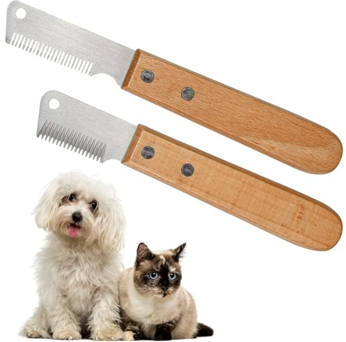 Zuxbolf 2PCS Couteau à Trimmer Chien, Peigne à Manche en Bois pour Chien