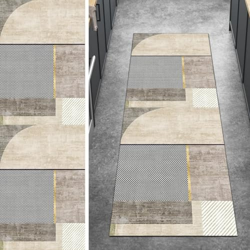 Ymural Tappeto beige per corridoio, patchwork, antiscivolo, 90 x 350 cm, lavabile, antiscivolo, lungo tappeto per cucina e camera da letto