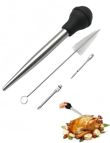 Bepisof 1Pcs Durable Stainless Steel Turkey Baster Set, Turkey Baster & Injector Syringe with Marinade Syringe & Cleaning Brush, Household Meat Cooking Tool, Baster for Cooking Thanksgiving Essentials