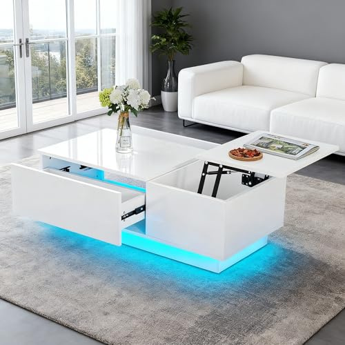 AINPECCA Coffee Table with LED Lights Lift Top Coffee Tables with 2 Drawer Storage High Gloss 26 Colour Adjustable Centre Tea Table for Living Room