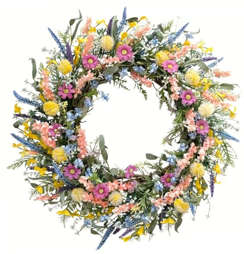 Corona de puerta de primavera y verano para puerta delantera, corona floral de 18.0 in con lavanda y margarita, colorida guirnalda de primavera verano para decoración de pared interior exterior