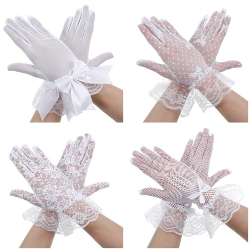 4 Pairs White Lace Gloves Princess Tea Party Gloves Wedding Dress Up Mitten, Tea Party Accessories (White)