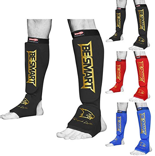 BE SMART INTERNATIONAL LTD BS Shin Instep Pads MMA Leg Foot Guards Muay Thai Kick Boxing Guard Protector G (Black Golden, Small)