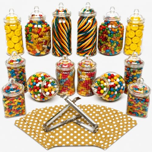 14 Plastic Sweet Jars, 7 Styles, 2 Tongs and 50 Bags. Ideal for Party, Wedding, Sweet Table, Candy Buffet (Gold Polka Dot Bags)