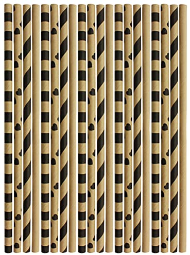 Lot de 100 pailles en papier jetables en papier pour anniversaire d'enfant, mariage, baptême, fête prénatale, biodégradables (rayures et cœurs couleur naturelle)
