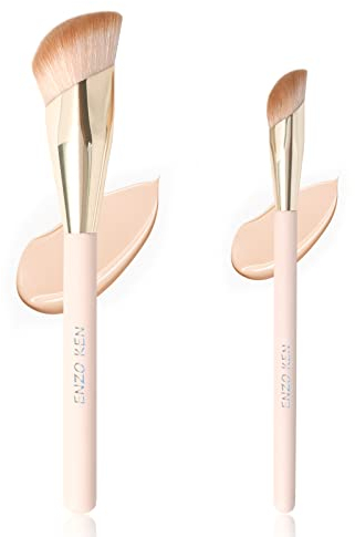 Angled Foundation Brush & Angled Concealer Brush Under Eye Set - ENZO KEN, Under Eye Concealer Brush, Foundation Brush for Liquid Makeup, Cream Contour Brush for Cream Makeup, Small Nose Contour Brush