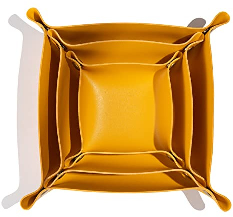 Tskijun 3 packs PU Leather Tray in 3 Sizes Jewelry Tray Glossy Leather Desk Organizer Leather Catchall Tray for Jewelry/Key/Coin/Sun Glasses/Watch/USB Cables etc. (yellow)