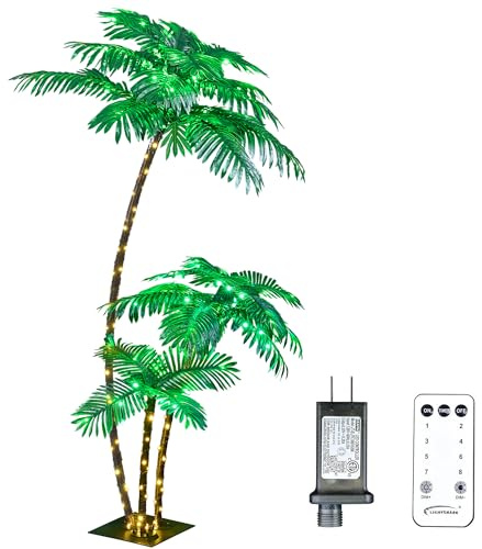 LIGHTSHARE Lighted 6FT Gorgeous Palm Tree 3Trunks Artificial Palm Tree 203LED Lights for Office Decoration Outdoor and Indoors Tiki Bar Christmas Patio Pool- Electric