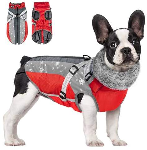 Eyein Hundemantel Winter, Wasserdichter Fleece Hundejacke mit Geschirr für kleine, mittlere und große Hunde, reflektierende Winddichter Welpenweste für Spaziergänge im Freien (Rot, L)