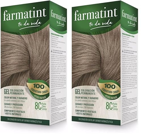 Farmatint Gel 8C Rubio Claro Ceniza | Color natural y duradero | Componentes vegetales y aceites naturales | Sin amoníaco | Sin parabenos | Dermatológicamente testado (Paquete de 2)