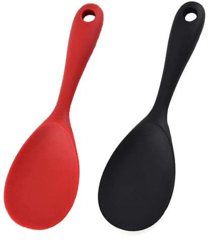 LATRAT Cucchiai da cucina in silicone, 2 pezzi, antiaderenti, adatti per campeggio, cucina, cuoci riso, rosso/nero
