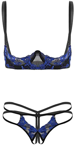 Aislor Conjunto de Lencería Mujer Ropa Interior Babydoll Atractiva Sujetador Tangas Abiertas de Encaje Lencería Erótica Chicas Hollow Underwear Ropa de Dormir S-XXL Azul C One Size