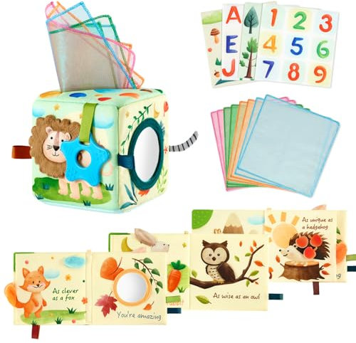 WERNNSAI Libri di Stoffa e Scatola di Fazzoletti Giocattolo Montessori Set per Bambini di Sensoriale Giocattoli Montessori per Bambini 0-12 Mesi con Pagine Touch and Feel per Regali per Neonati