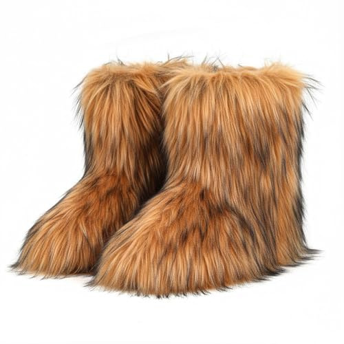 CEPEPRIN Women's Faux Fur Boots Furry Fuzzy Snow Boots Fluffy Winter Boot Warm Comfortable Mid-Calf Boot Outdoor Indoor Flat Shoes
