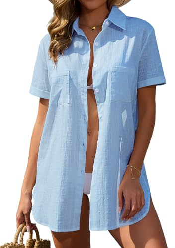 Vancavoo Strandöverdrag Dam Strandklänning Maxi Lång Skjorta Bomull Klänning Sommar Skjorta Täcker Strand Baddräkt Lös Avslappnad Bikini Cover Up, Blå, M