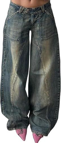 Generico Denim Casual da Donna Baggy Jeans a Gamba Larga Vintage Lavare Dritti Primavera E Autunno Fidanzato Stile Flare a Vita Bassa