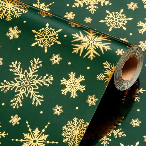 Wikadlik Green Christmas Wrapping Paper Roll - Gift Wrap Paper 43cm x 10m Foil Gold Snowflake Design