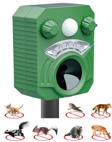 Sol ultraljud djuravvisande utomhus med rörelsesensor, vattentät ficklampa för katt hund tvättbjörn prärievarg avskräckande armadillo hjort ekorre skunk räv avskräckande enhet