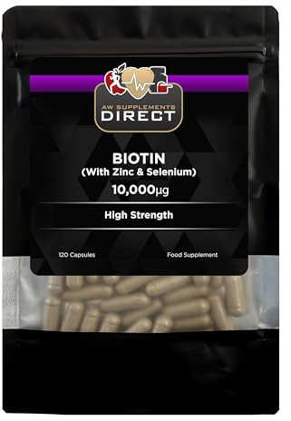 AW Biotin | 120 High Strength Biotin Supplements - 10,000µg per Capsule with Zinc 10mg & Selenium 55µg | Skin Hair and Nail Vitamins | Non-GMO & Allergen Free | Made in The UK