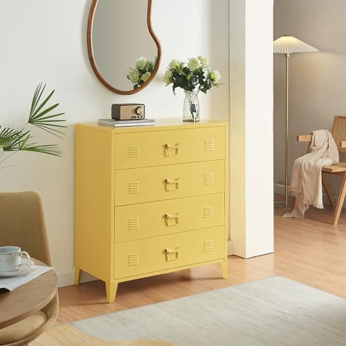[en.casa] Cassettiera in Acciaio Comò con 4 Cassetti Organizzatore da Ufficio Soggiorno Mobile Contenitore per Archivio 92 x 80 x 40 cm - Giallo