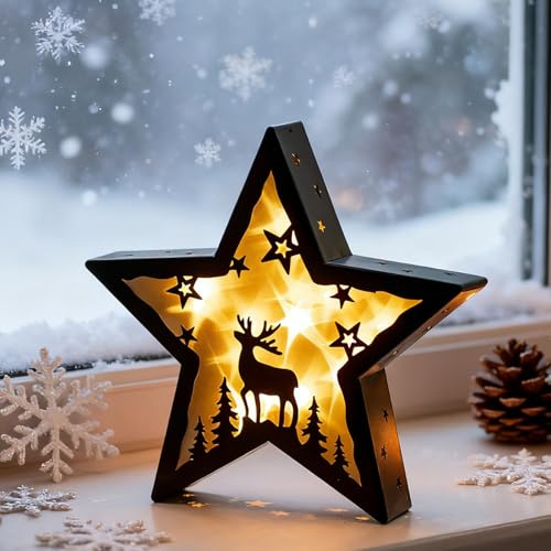 Sziqiqi LED Julstjärna Stående: Svart Modern Upplyst Stjärna med Ren för Inredning Inomhus - Metall Bordslampa 28cm för Advent Fönsterbräda Bord