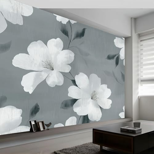 3D Effect Photo Wallpaper Minimalism Mysterious Flowers, 138 x 101 inch (W x H) Panoramic Custom Photo Wallpaper Wall Mural - Light Gray Eco-Friendly Wall Sticker Poster Decoration