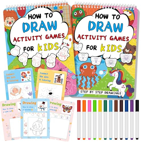 Kalysky 2 Libros aprender a dibujar reutilizables para niños | Libros de dibujo reutilizables con 12 rotuladores, libro de actividades creativo ideal para niños y adecuado para viajes.