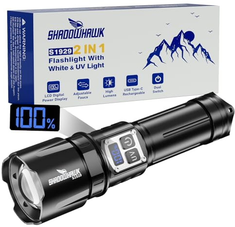 Shadowhawk Torcia LED Potente Professional 1,000,000 Lumen | Militare Torce LED Alta Potenza per Campeggio/Trekking/Ispezione, Doppio Interruttore (con Luce UV), Dimmerazione senza Gradi, Uso Comodo