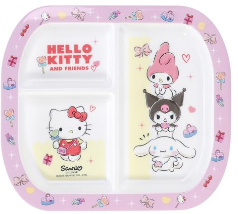 Hello Kitty & Friends 3 Section Reusable Childrens Divided Plate - BPA Free | Lightweight & Durable Kids Compartment Plates for Breakfast, Lunch, Dinner, Food-Safe US/EU Standards Plastic Portion Plate