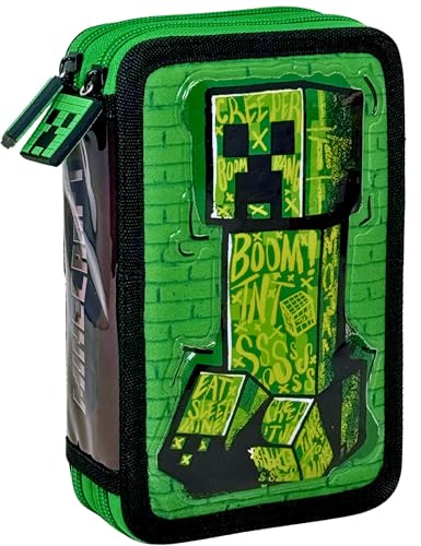 Clondo Federmäppchen mit 2 Fächern, für Minecraft Fan, 32 Teile, inklusive Stifte, Bleistifte, Marker, Buntstifte – Grundschule und Geschenk – Offizielles Gadget für Kinder