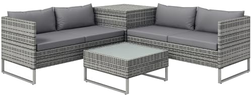 Outsunny Set da Giardino 4 Pezzi con 2 Divani 2 Posti, Tavolino da Caffè e Tavolino Alto con Cassapanca, Set Tavolini e Sedie da Giardino in Acciaio e Rattan Grigio e Argento