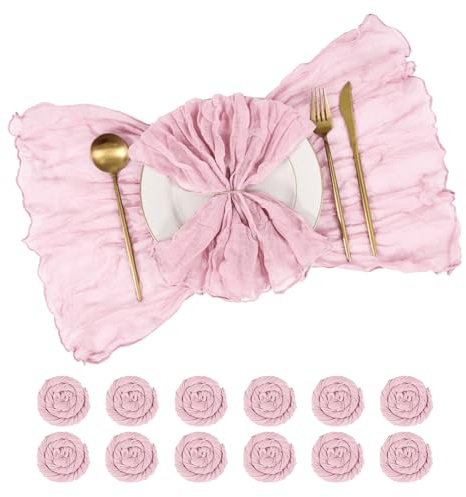 12 Pack Cheesecloth Napkins 50x50 cm (20x20 Inches) Wrinkled Gauze Fabric Dinner Napkins Soft Decorative Cloth Napkins for Wedding, Rustic Boho Party, Valentine‘s Day, Thanksgiving (Pink)