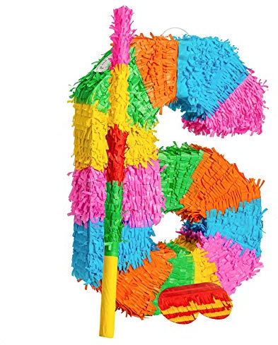 Fax Potato Number 6 Cardboard Pinata, Stick and Blindfold Set - Fill Your Own Kids Large Party Accessory Decoration - W35cm x D7.5cm x H50cm