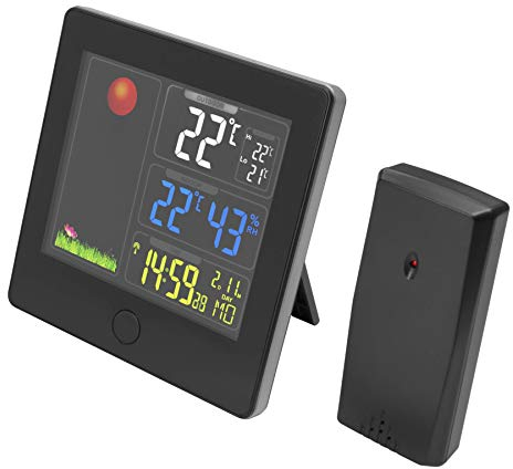 GadgetMonster Estación meteorológica con Sensor Exterior, termómetro Digital para Interiores y Exteriores de -40 °C a +50 °C, visualización de la Hora, Despertador e indicador de Humedad, Color Negro
