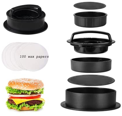 Burger Press with 100 Wax Paper Sheets, 3 in 1 Nonstick Hamburger Press Patty and Burger Maker Kit for Different Sizes, Stuffed Burger Patty, Beef Burger for Delicious BBQ Grilling Burgers, Black