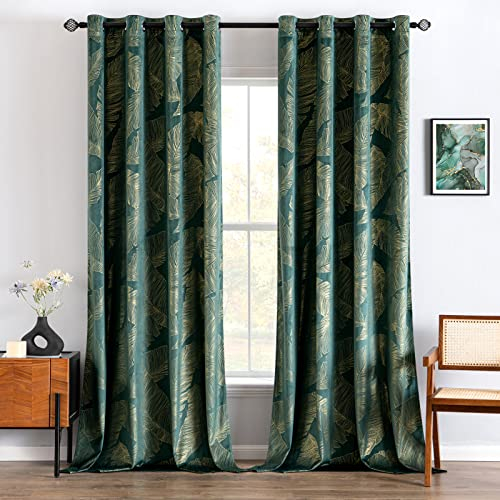 MIULEE Rideaux Velours avec Motif Feuilles d'or, Très Doux Rideau Velour Vert Émeraude à Oeillet Rideau Opaque, Rideau Fenetre Chambre Salon Intérieurs, 2X L140xH245cm