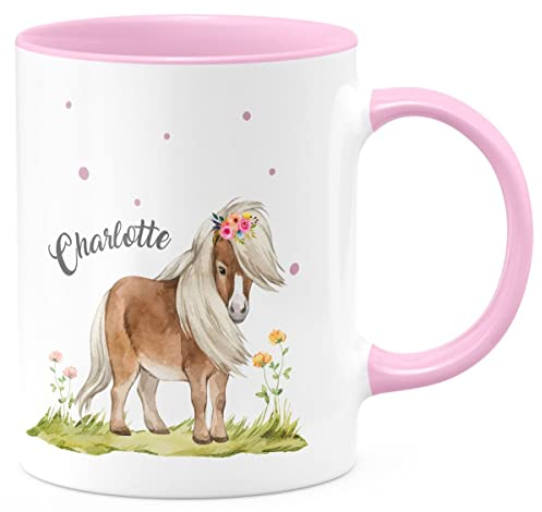 miKalino Keramiktasse Mädchen - weiße Keramiktasse Kinder personalisiert - bedruckte Kindertasse mit Pony-Motiv - Pferde Kindertasse mit Namen - Geschenk Keramiktasse