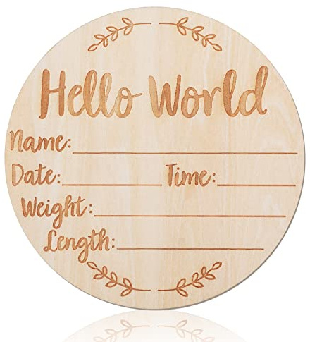 Letrero de Anuncio de Bebé de Madera, 15cm Tarjetas de Hitos Bebe Hello World Madera Hola Mundo Bebe Redondo para Hospital Accesorio de Foto Baby Shower Nuevos Padres (Estilo 2)