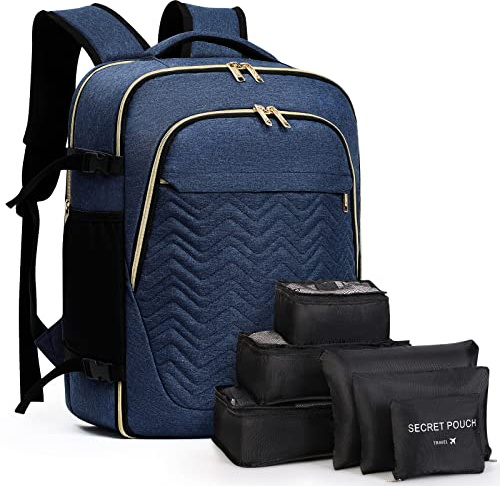 Lekespring Zaino da Viaggio Grande da Uomo Donna,Zaino Aereo Bagaglio a Mano con Organizer Valigie 6 Pezzi Set,Impermeabile Zaino da Scuola Casual Laptop,Borse da Cabina per Easyjet 45x36x20,Blu