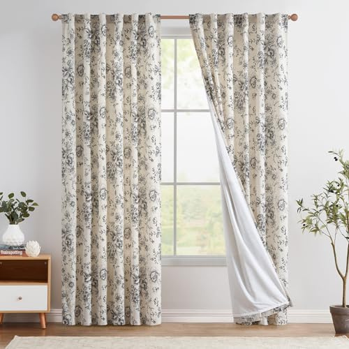 jinchan Floral Lined Curtains Linen Blend Curtain for Living Room 84 Inches Long Farmhouse Printed Back Tab Drapes French Country Black Peony Patterned Bedroom Window Curtains Set 2 Panels