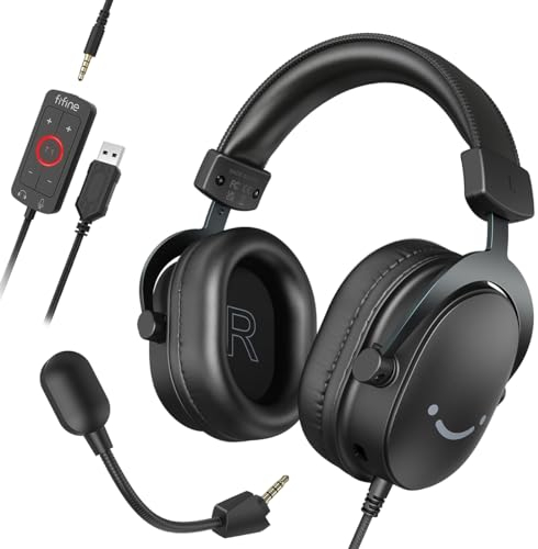 FIFINE Auriculares con Cable y Microfono, Over Ear Auriculares Gaming PC PS4 PS5 Xbox Switch con 7.1 Sonido Envolvente, Almohadillas Blandas para Los Oídos