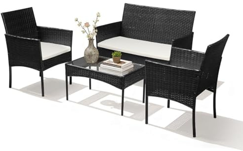 Yakimz Set di mobili da giardino in polyrattan per 4 persone con divano a posti, 2 sedie, tavolo e cuscino per sedersi, mobili da balcone neri, mobili da patio per esterni