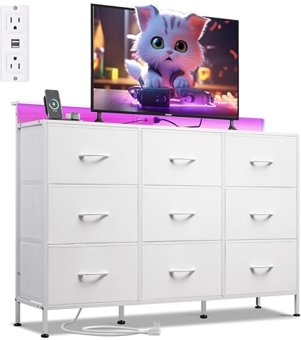 WLIVE White Dresser TV Stand for 45, 50, 55 inch TV, Entertainment Center with LED Lights & Charging Station, Chest of drawers with 9 Fabric Drawers and Open Shelves for Living Room, Hallway, Wood Top