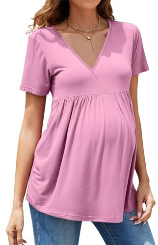 hohololo mammamode t-shirt kortärmad V-ringad graviditet moderskap toppar för gravida kvinnor, Rosa1, S