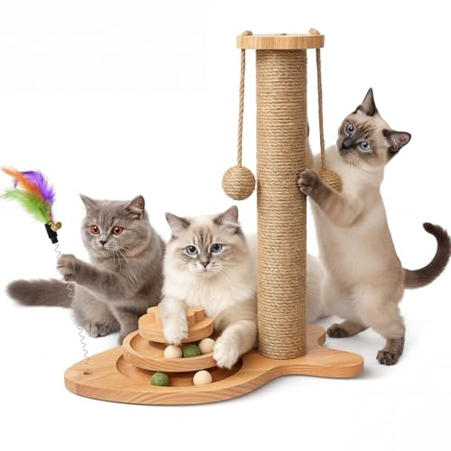 Multifunctional Cat Scratching Post – Scratching Post for Indoor Cats with Widened Solid Wood Base, Two Sisal Rope Balls, Interactive Track & Spring Feather Toy, 43cm Tall.