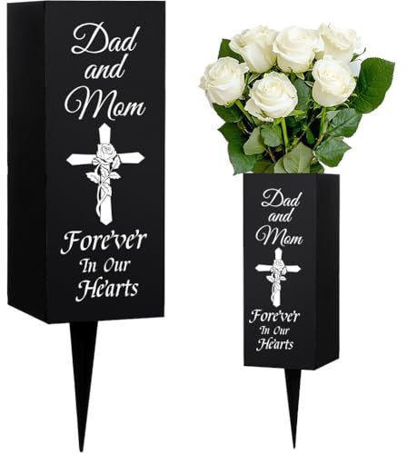 WEBEEDY Vasi di Cimitero per Papà e Mamma Decorazioni per Cimitero per Genitori Vasi da Cimitero in Metallo con Punte, Motivo Fiori Croce Nero Segno di Memoria Cimitero Simpatia 8x20cm