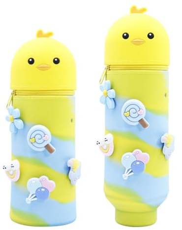 DEZP 1 Stück Kawaii Pencil Case 2 In 1 Soft Silicone Federmäppchen 18.5 * 6.5Cm, Multifunktions Tiere Theme Pen Holder Zipper Colored Pencils Marker, stifte mäppchen Für Legami Pens(Küken，I)